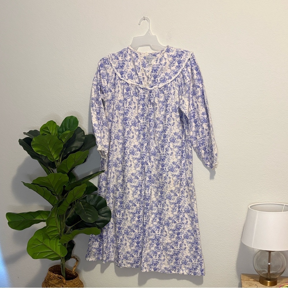 Charming Lanz of Salzburg Blue and White Floral winter Nightgown 100% cotton